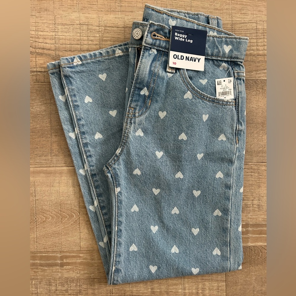 Old Navy Light Blue Denim Heart Print Baggy Wide Leg Jeans